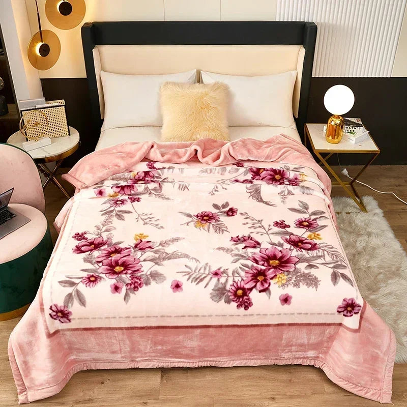 Double Layer Winter Thicken Raschel Plush Weighted Blanket For Bed Warm Heavy Blankets Throw Printed Flowers Fluffy Soft Carpet