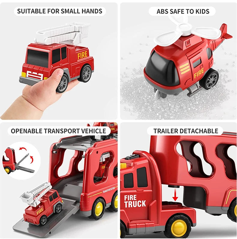 5pcs Kids Toy Construction Vehicles Transport Truck Carrier Toy Truck For Toddler Boys Girls Fire Truck Gift For Boys And Girls.
