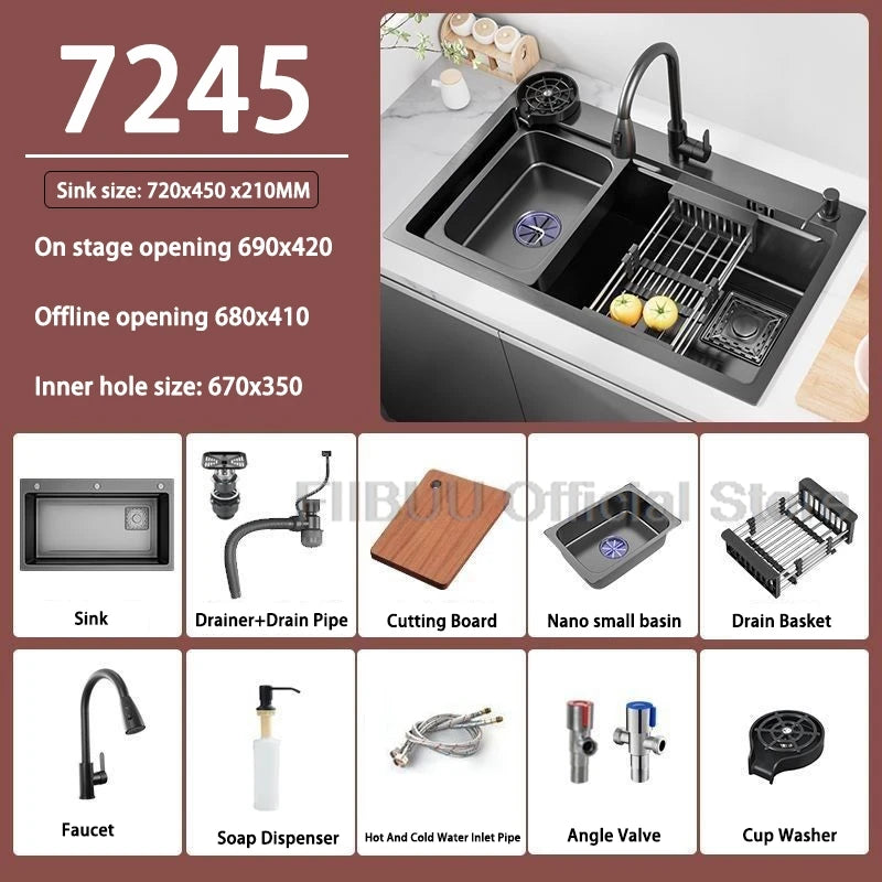 Küchenspüle, verdickter Edelstahl 304, doppelspurig, abgestuft, multifunktional, großer Einzelschlitz, Wasch-/Schnitt-/Abfluss in einem kompletten Satz