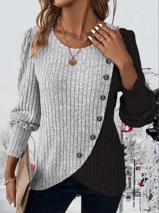 Herbst Langarm Tasten Pit Gestreiften Frauen Pullover Kontrast Farbe Lange Hülse O-ansatz Pullover Lose Einfache Gestrickte Kleidung