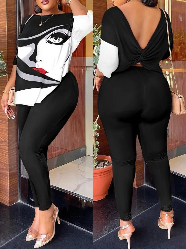 Autumn Women's Clothing New Fashion Print Sexy Backless Round Neck Five Quarter Sleeve Pants Two-piece Casual Comfortable Set.