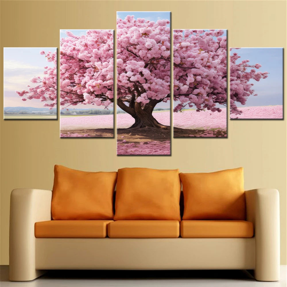 5 Piece HD Printed Home Decor Canvas Art Blossoming Pink Flowering Tree Painting Modular Wall Picture for Room Salon Decoration.