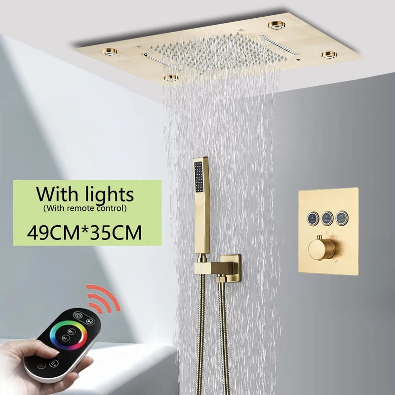 Brushed Ceiling Shower Head with LED Lights 36*50cm Large Rainfall Faucet Bathroom Tap Stainless Steel Smart Square Sprayer