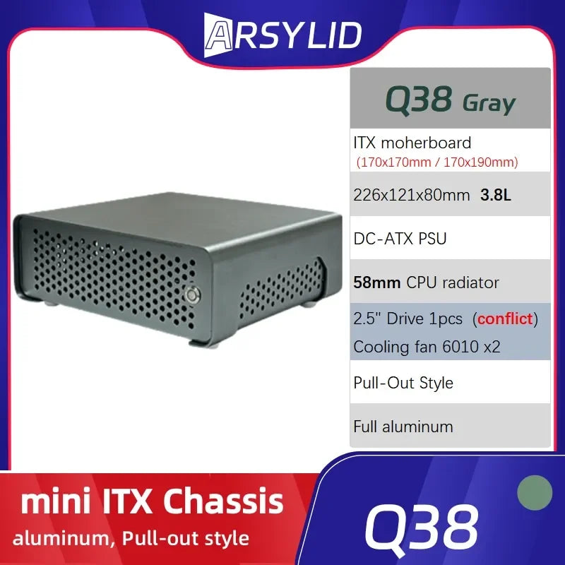 ARSYLID Q38 ITX Aluminum Chassis Pull-Out Style Mini Case 58mm CPU Radiator.