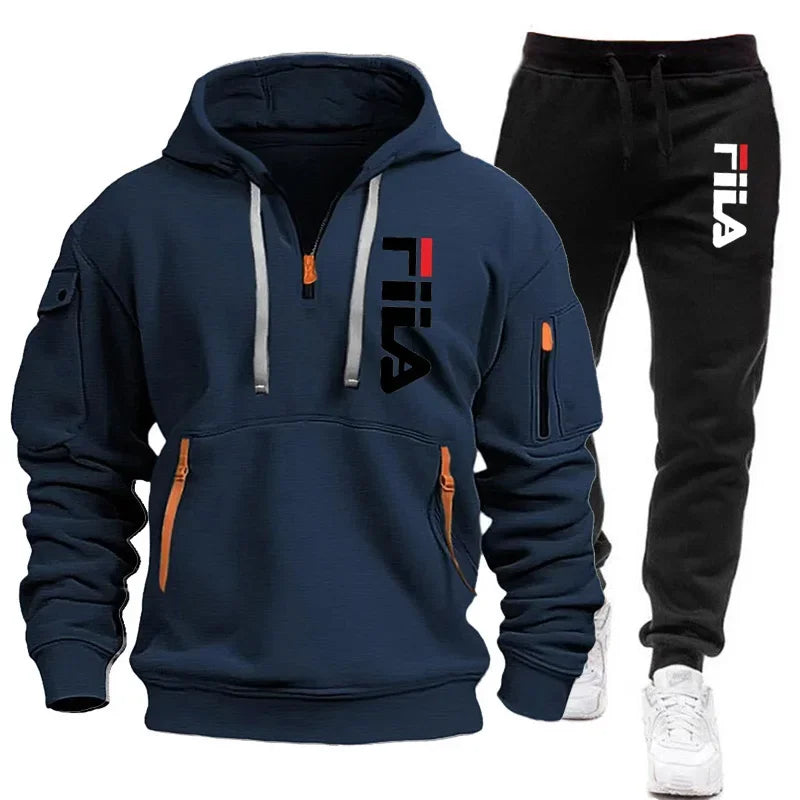 Herbst und Winter 2025, neues Herren-Kapuzen-Sweatshirt + Hose, zweiteiliges Set, Outdoor-Pullover-Sportbekleidungsset für Herren mit mehreren Taschen.