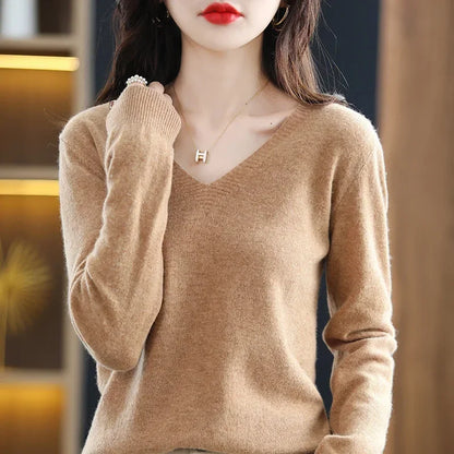 Herbst Winter Frauen Pullover 2025, Koreanische Mode Strickwaren Warme Lange Hülse V-ausschnitt Stricken Pullover Slim Fit Bodenbildung Shirt Jumper