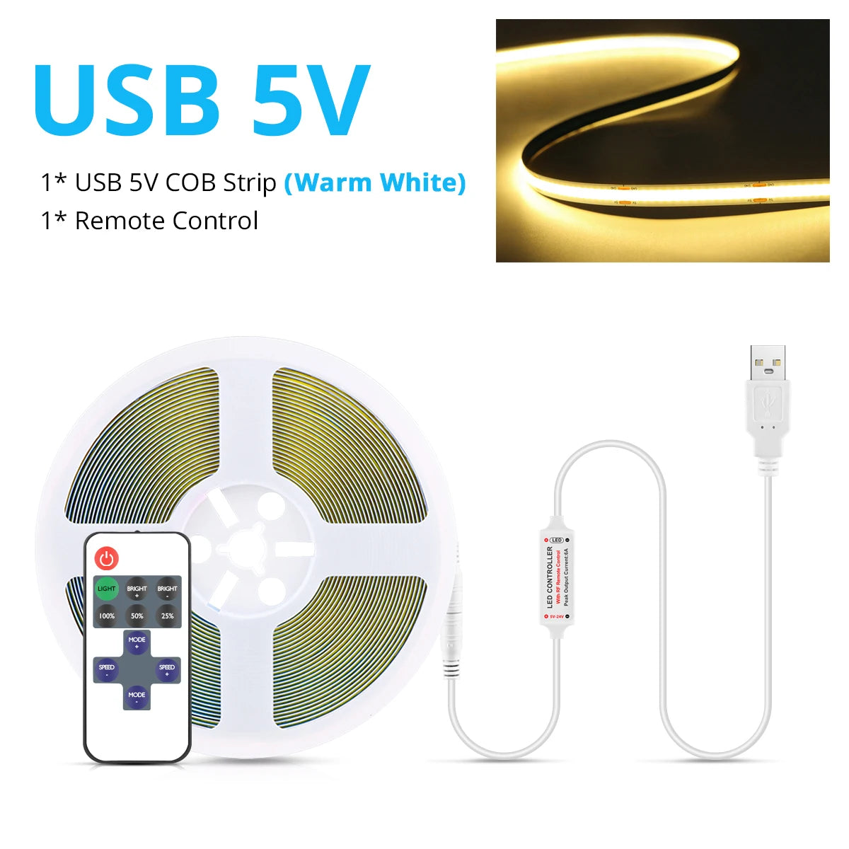 5 V COB-LED-Streifen, hohe Dichte, RA90, 320 LEDs, warm, Natur, kühles Weiß, flexibles Band, lineares Licht, RF-Fernbedienung, dimmbar, USB-LED-Fernseher.