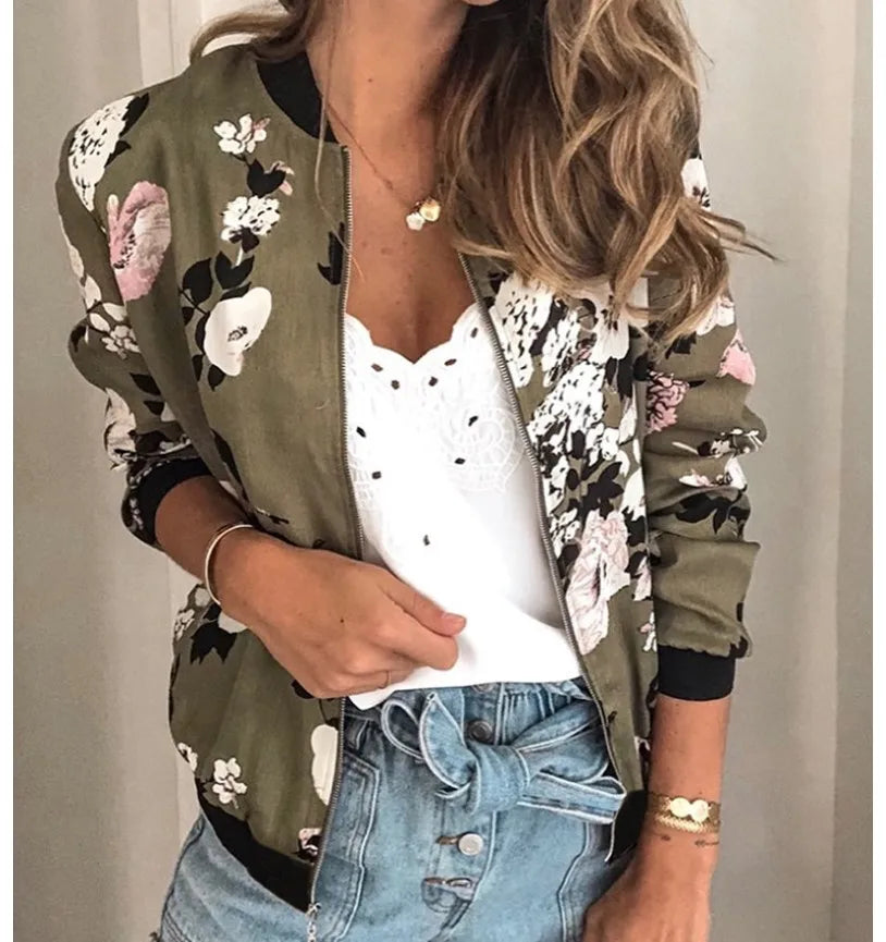 Women Elegant Zipper Bomber Jacket Spring Autumn Floral Printed Jackets Office Wear Slim Office Coat Retro Outwear.