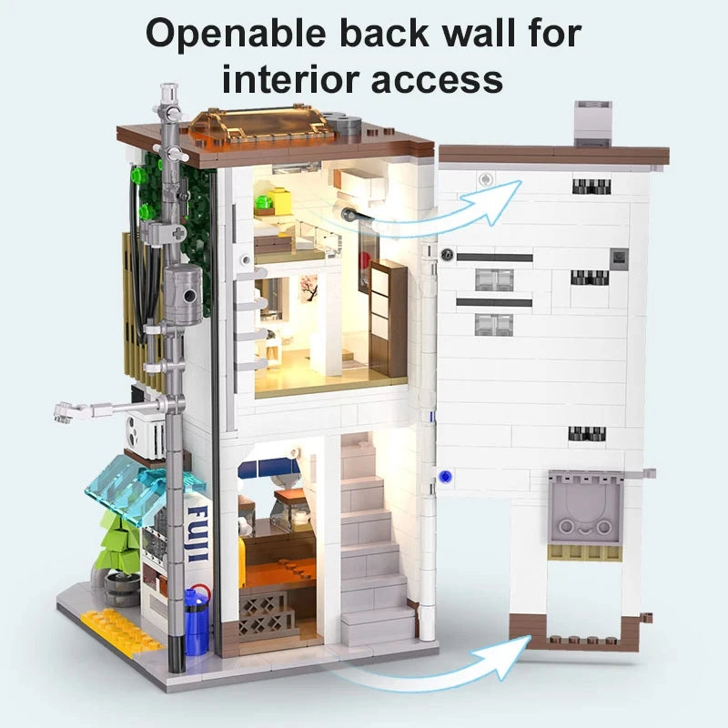 Cada Japanese Sushi HouseBricks Shop LED Japanese Steamed Bun House Building Blocks Summer Cafe cada Toy Street View Series set