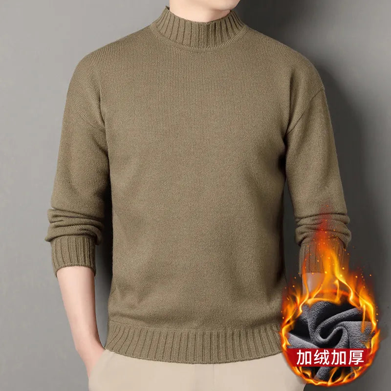 New Winter Men Mock Neck Turtlenecks Pullovers Fleece Warm Knitted Sweaters Good Quality Male Solid Outwear Casual Sweaters 3XL.