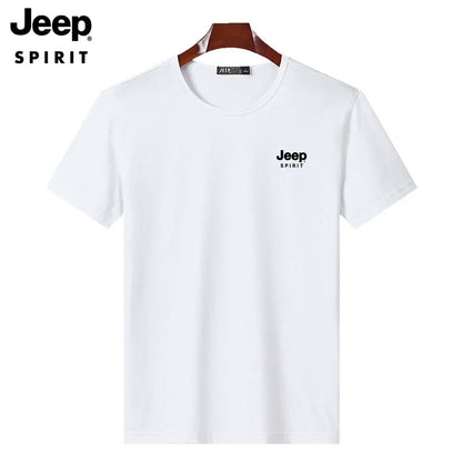 JEEP SPIRIT Mens T-shirt Summer 100%Cotton 230g Heavy Print Sports Breathable Round Neck Top Loose Solid Short Sleeve.