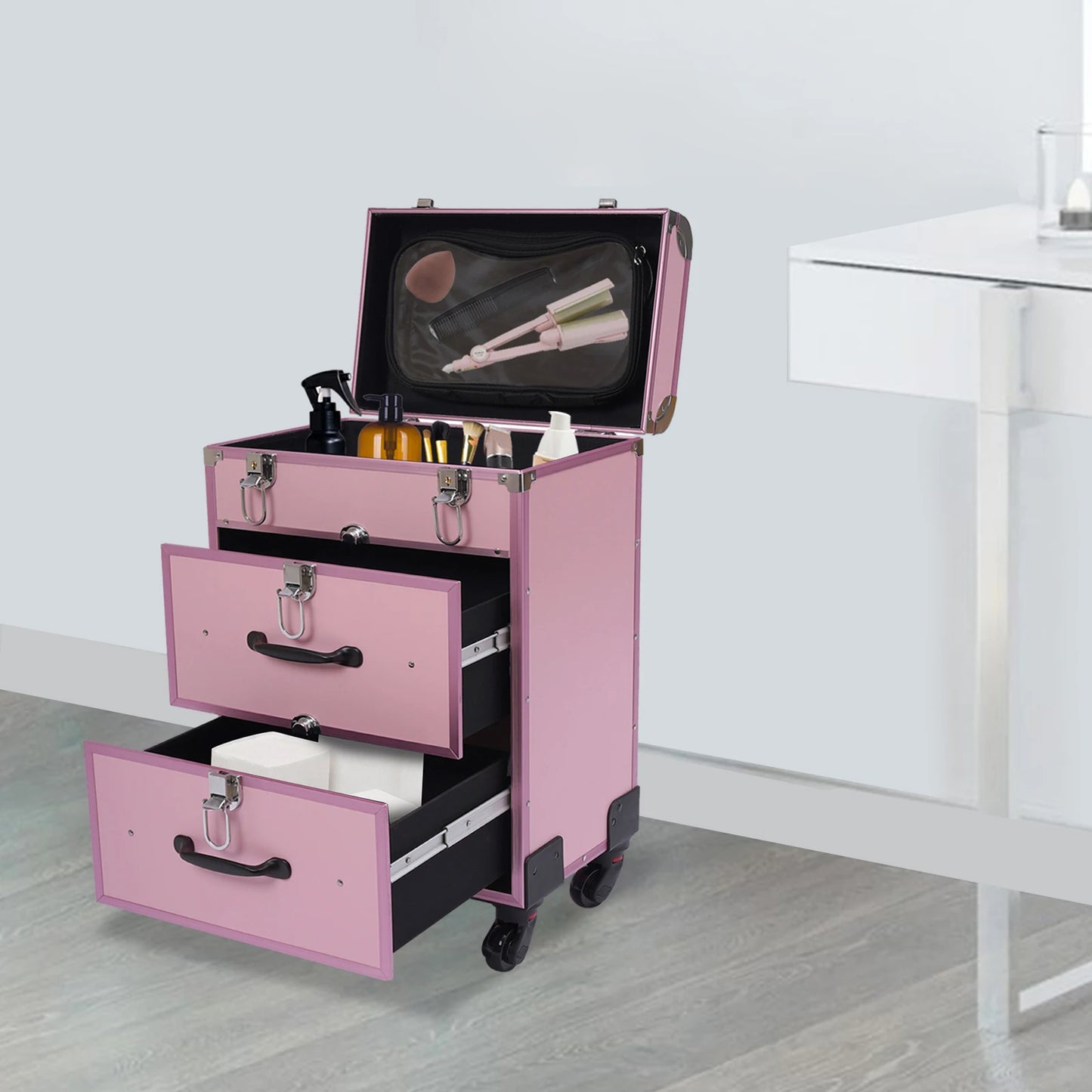 3 in 1 Rolling Makeup Case with Drawer, Large Makeup Case Organizers, Profesional Cosmetic Case for Salon Barber, Light Pink.