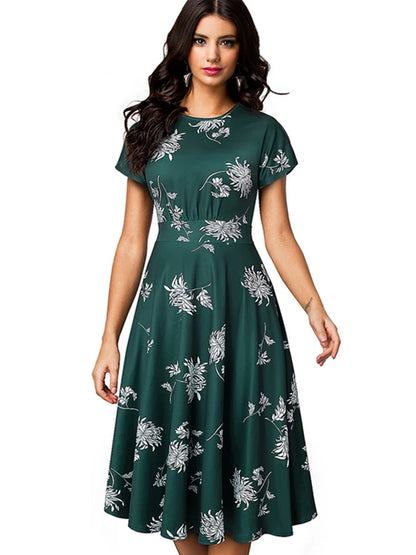 Nice-forever Vintage Elegante Blumen Druck Plissee Rundhals vestidos A-Line Pinup Business Party Frauen Flare Swing Kleid A102