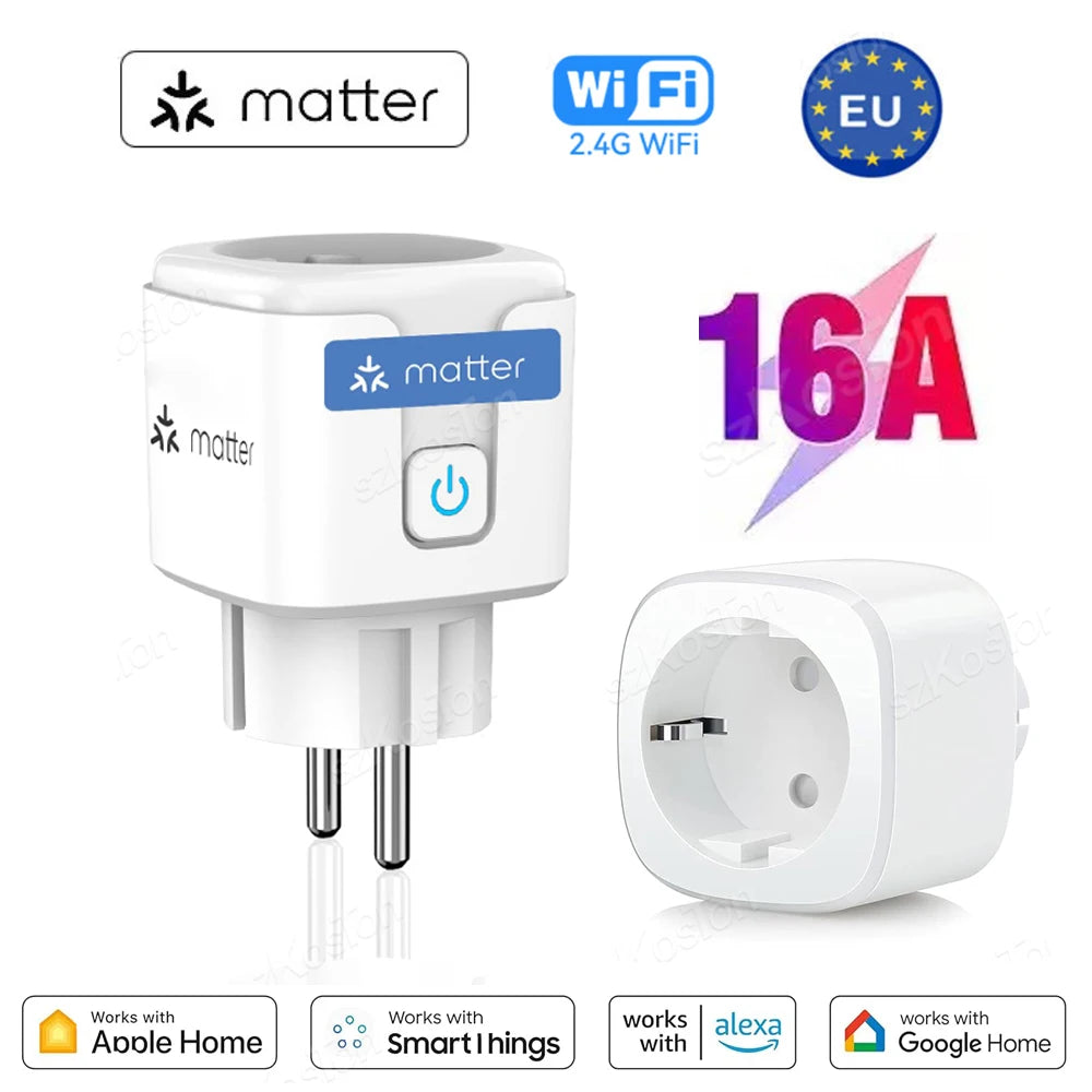 16A Matter EU WiFi Smart Socket Home Appliance Mini Smart Plug Adapter APP Control Timer Funktioniert mit HomeKit Siri Alexa Google.