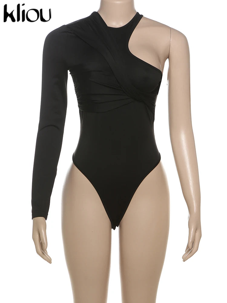 kliou Classic Solid Women Bodysuits Autumn All-matched Stacked Ruched Incline Shoulder Skinny Rompers Female Trend Street  Tops.