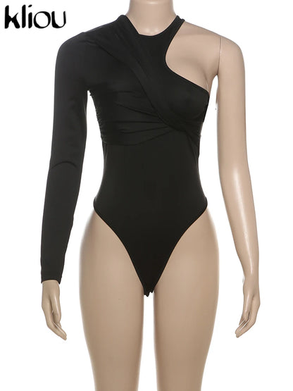 kliou Classic Solid Women Bodysuits Autumn All-matched Stacked Ruched Incline Shoulder Skinny Rompers Female Trend Street  Tops.