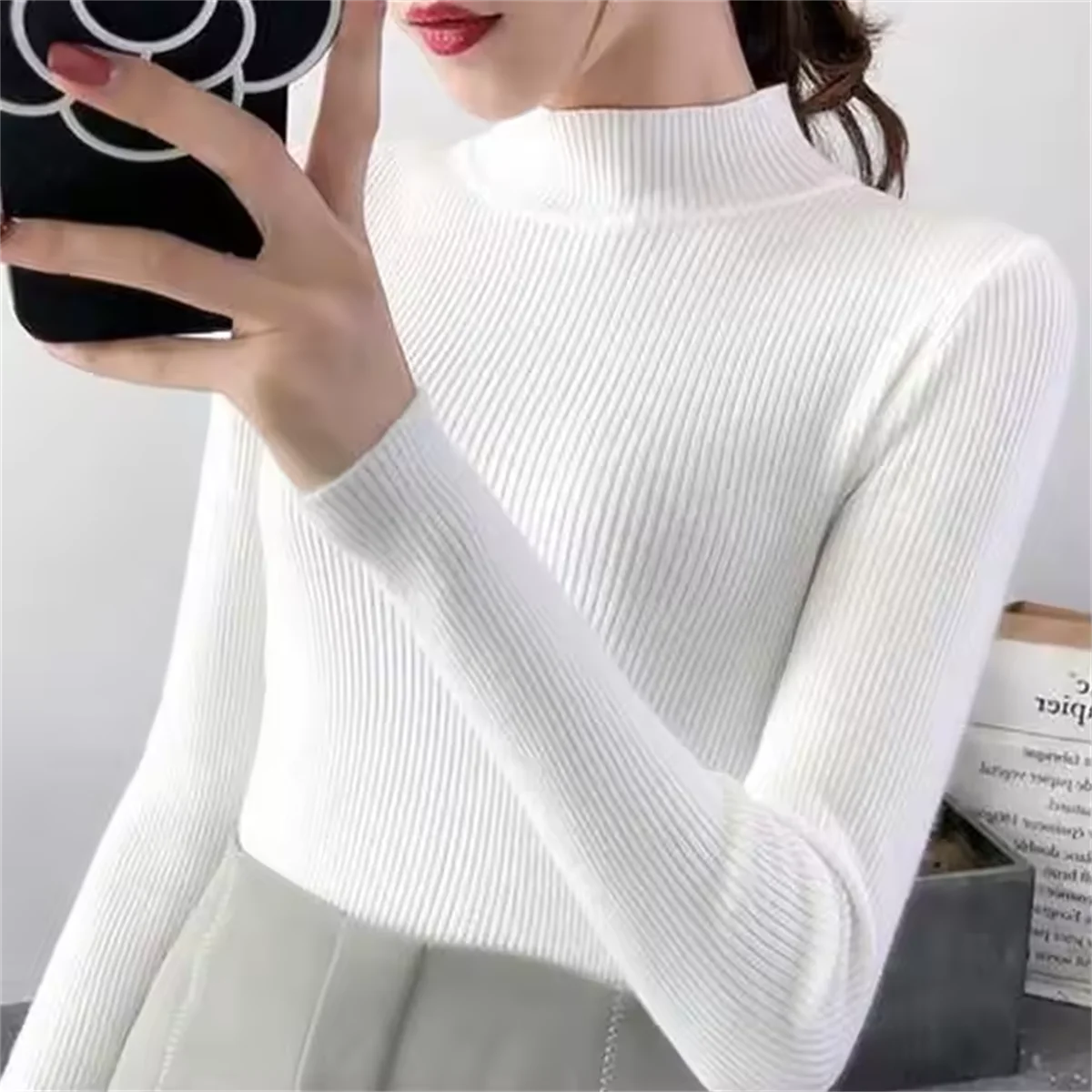 Mode Mock Neck Gestrickte Pullover Frauen Herbst Winter Neue Feste Vintage Grundlegende Tops Koreanische Dünne Rippen Pullover Casual Innere Top