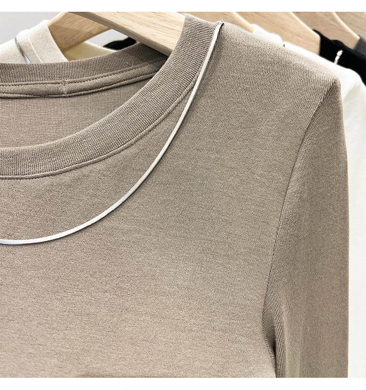 Women Trendy Chain Link Autumn Fashion Slim Fit Cropped T-shirts 2025 Long Sleeve T-shirt Solid Simple Base Layer Crop Tops.