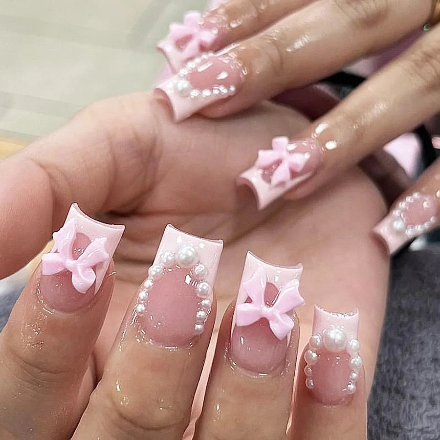 24Pcs Ballet Square Pink Press on Bow Nails 3D Flower with Bandage Design French Nail Tips for Women&Girls Daily,Spring wear