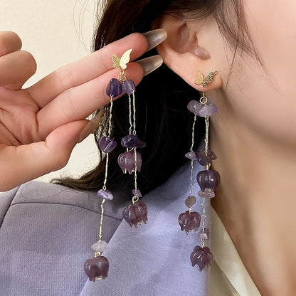 Pink Butterfly Earrings With Long Tassel Sparkly Zircon Crystal Imitation Pearl Beads Earrings Light Luxury Party Ear Jewelry.