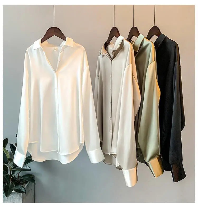 1pcs Woman Spring Autumn Satin Shirt Lady Long Sleeve Lapel Blouses Cardigans Elegance Sweet Casual Coats Girl Sunscreen Top.