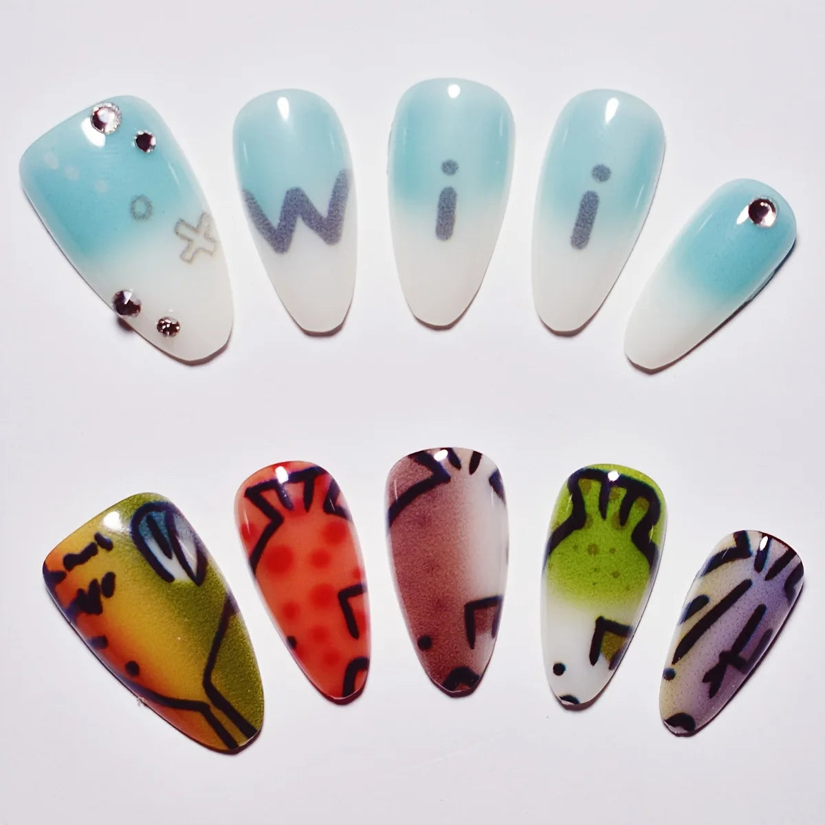10pcs Handmade Press on Nails Cartoon Shark Pattern Design Fake Nails Wearable Detachable Ins Simple Almond Shaped False Nails.