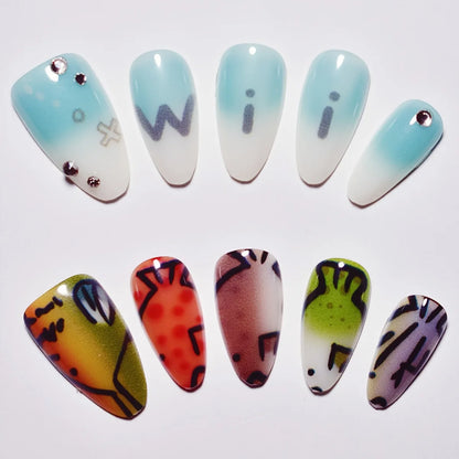 10pcs Handmade Press on Nails Cartoon Shark Pattern Design Fake Nails Wearable Detachable Ins Simple Almond Shaped False Nails.