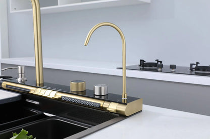 Golden Household Stainless Steel Waterfall Kitchen Sink MultiFunction Wash Vegetable and Dish Countertop Basin Large Single Slot