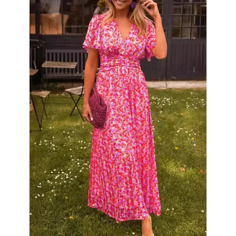 Shein 2024 Neues langes Damenkleid, elegantes bedrucktes, tailliertes Kleid mit V-Ausschnitt, modische Außenhandelskleidung.