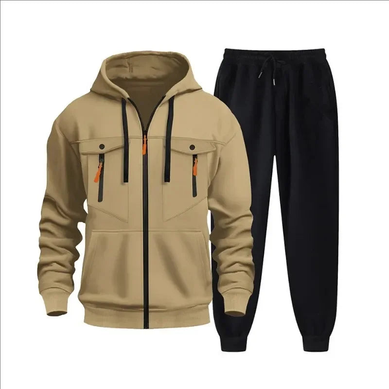 Autumn and winter new men's sweatshirt sport set, fashionable windproof and warm men's zipper hoodie and pants 2-piece set.