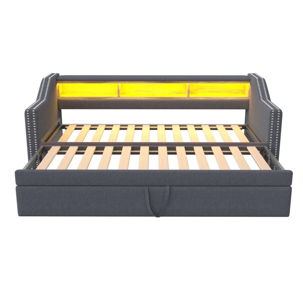 Ausziehbares Schlafsofa 90/180 x 190 cm, multifunktionales Aufbewahrungsfach, LED-Licht und USB-Buchse, mit Gitter, Dunkelgrau