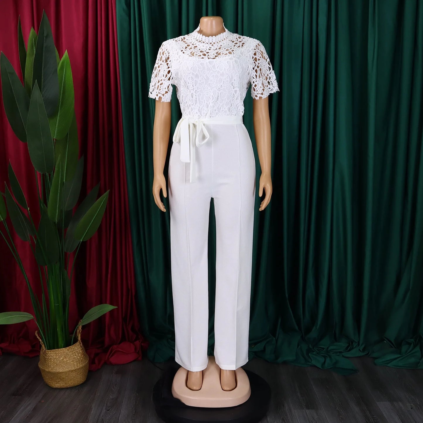 Elegant Jumpsuits & Rompers for Women O Neck Lace Patchwork Short Sleeve Sashes High Waisted Luxury Birthday Party Dinner Outfit.