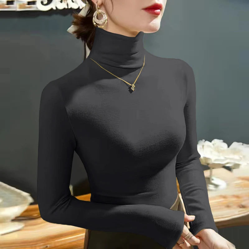2025 Fashion Autumn Winter Female Turtleneck Fleece Stretch Shirt Women Long Sleeve T-shirt Warm Basic Pullover Bottoming Tops.