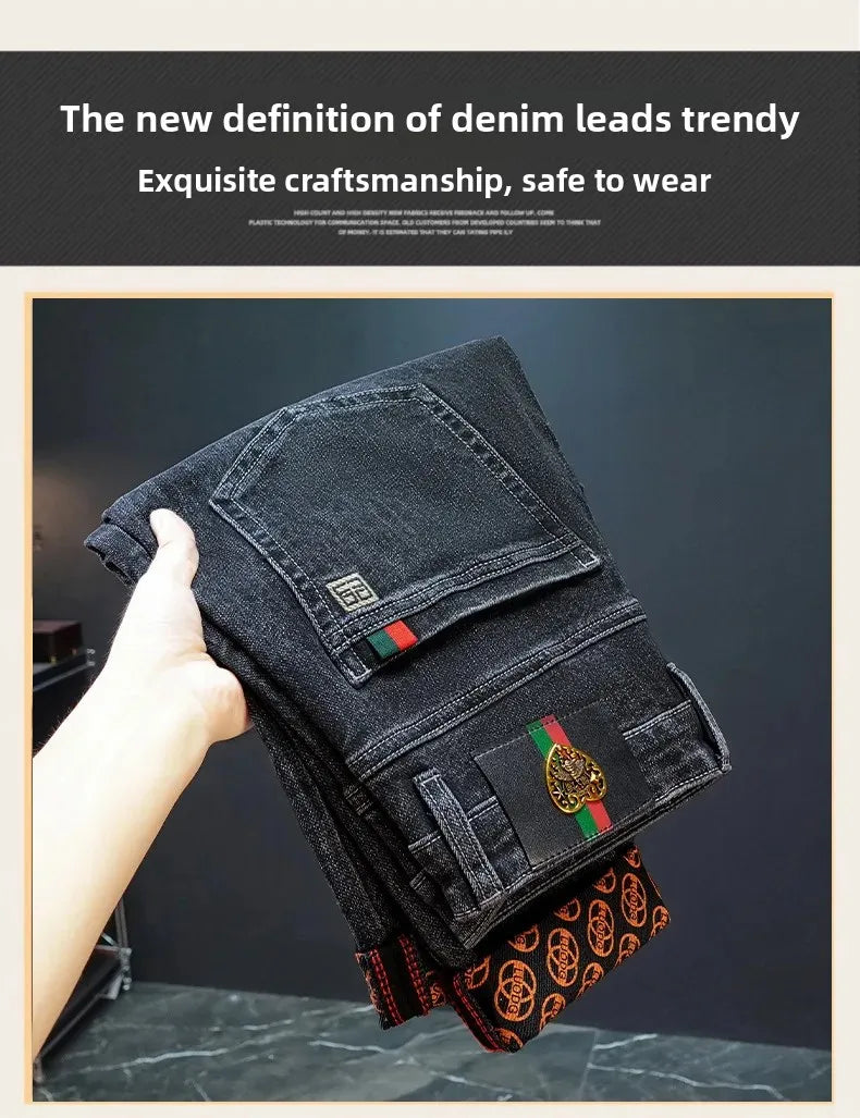 Gestickte Slim-Fit-Jeans mit geradem Bein, High-End-Freizeithose für Herren, durchgehender Bodendruck, dehnbar, trendige Marken-Freizeitjeans.