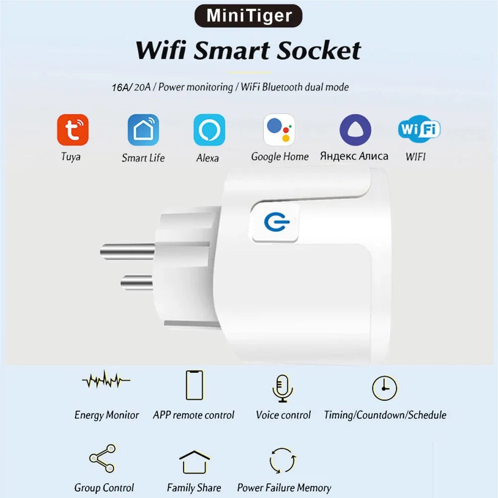 Tuya Wifi Steckdosen Smart Homekit 20A Smart EU Stecker Mit Überwachung Timing Unterstützung Google Assistent Alexa Voice Control.