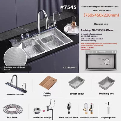 Stainless Steel Silver Kitchen Sink Multifunction Waterfalls Intelligent Digital Display Faucet Household Large Single Slot