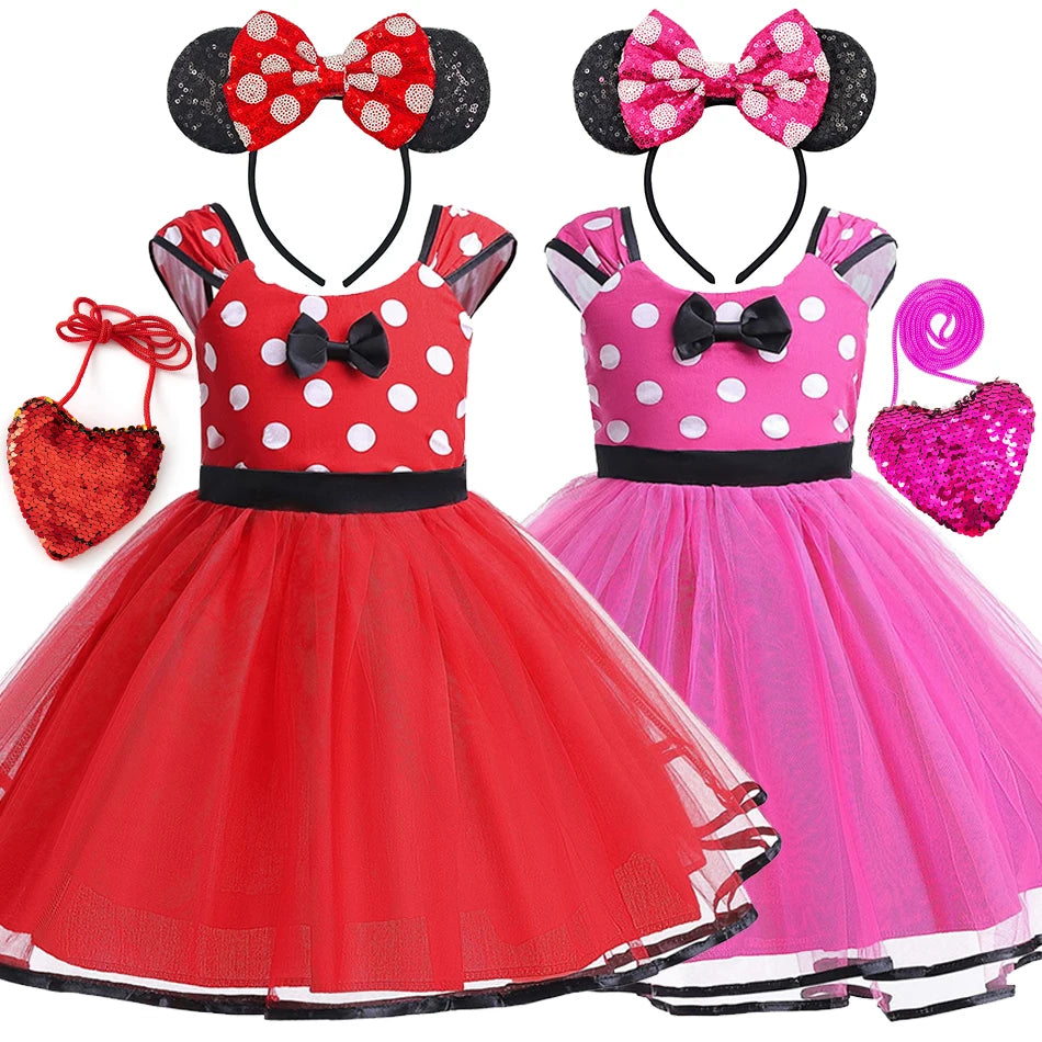 Disney Minnie Maus Polka Dot Kleid Mädchen Rosa Rot Sommer Kleidung Kinder Geburtstag Karneval Weihnachten Party Bogen Mesh Kleid Kostüme.