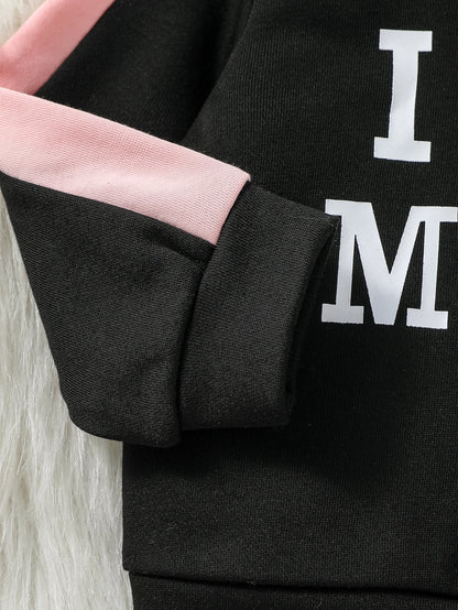 2-Piece Set Baby Girl Fall Casual Black Printed Letter &Heart Pure Color Long-Sleeved Hooded Sweatshirt &Pants Suit Clothes.