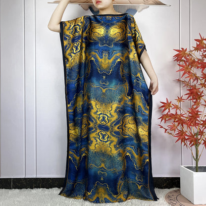 2024 New Dubai Summer Fashion For Women Printed Silk Soft Loose Femme Robe African Islam Maxi Woman Casual Dresses With Turban
