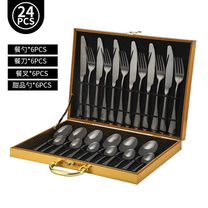 24pcs Golden Tableware Set Light Luxury Stainless Steel Cutlery Fork Knife Spoon Dinnerware Set Minimalist Decor with Gift Box