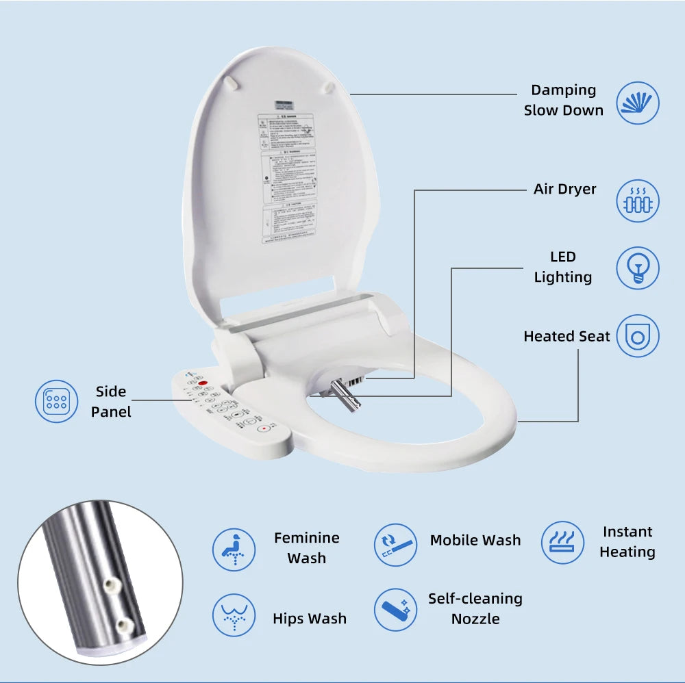 Intelligenter, länglicher Toilettensitzbezug – beheizt, wassersparend, automatische Reinigungsdüse, langsam schließend, trocken, LED-Licht für modernes Badezimmer