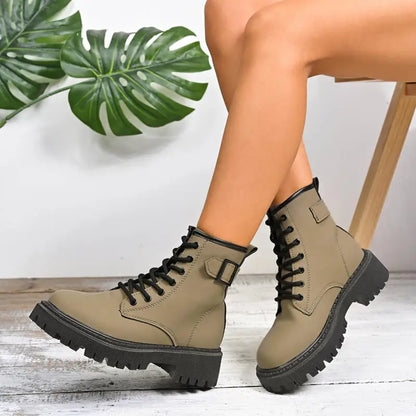 Chunky Platform Thick Heel Pink Ankle Boots Women 2025 Winter Punk Thick Bottom Lace Up Motorcycle Boots Metal Buckle Booties.