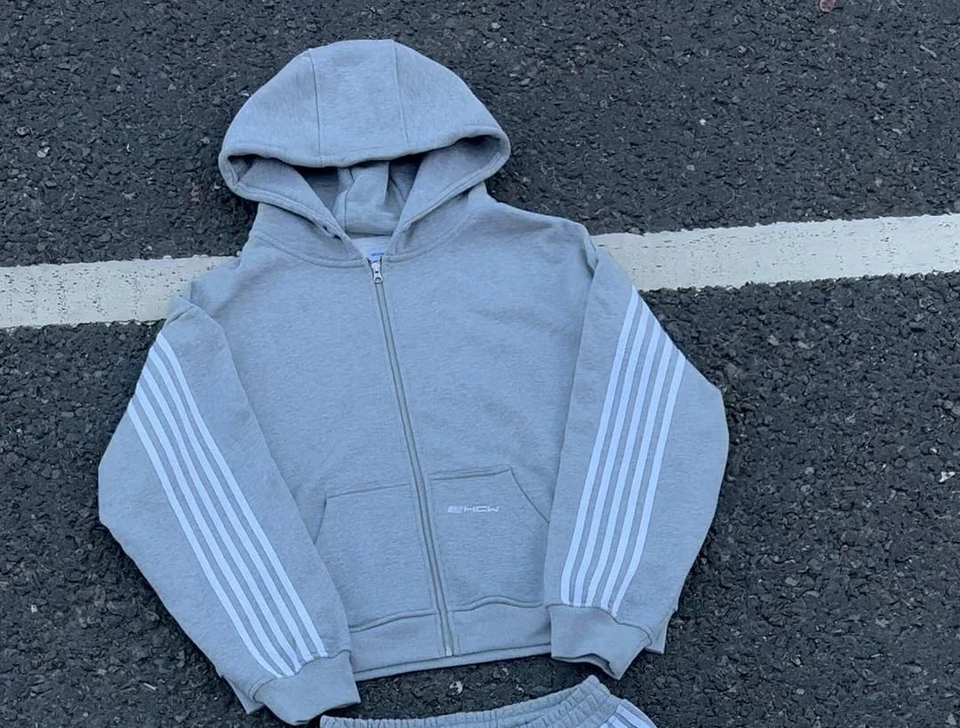 Y2K Casual Loose Oversized Zipper Hoodie Sweatpants Two-piece Set Harajuku Retro Street Hip-hop Striped Sweatshirt Casual Pants.