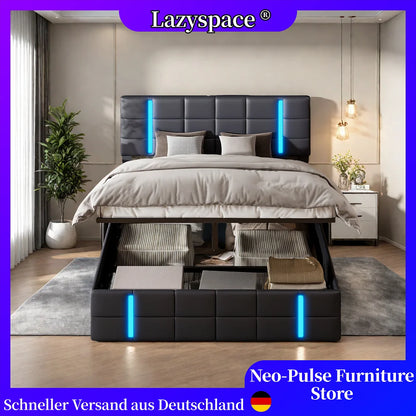 Lazyspace PU-Polsterbett, anhebbarer Bettrahmen mit Stauraum, 2 USB-Anschlüsse + LED-Licht, moderne Schlafzimmermöbel für Zuhause, 140/160 x 200 cm
