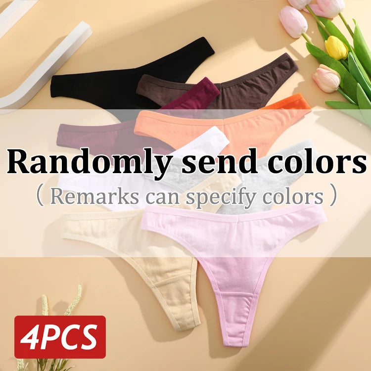 4PCS/Set Women Cotton Panties Seamless Low Rise Thongs V-Waist Solid Color Breathable Underwear Female Soft Lingerie Intimates.
