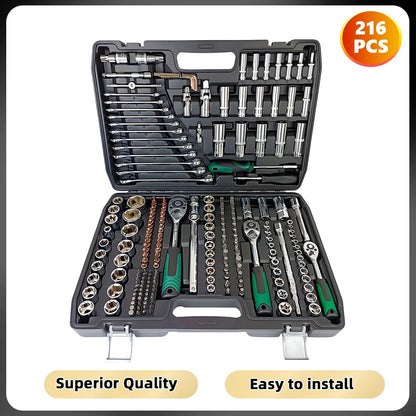 Podofo Steckschlüsselsätze 214 Stück 1/4 Zoll 3/8 Zoll 1/2 Zoll 24-Zahn Ergonomischer Ratschenschlüssel Mechaniker-Werkzeugsatz für die Autoreparatur