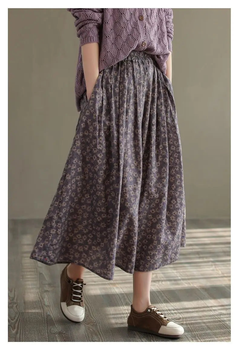 Women Casual Skirts New Arrival 2023 Autumn Vintage Style Floral Print Loose Comfortable Ladies Elegant A-line Long Skirt D536.