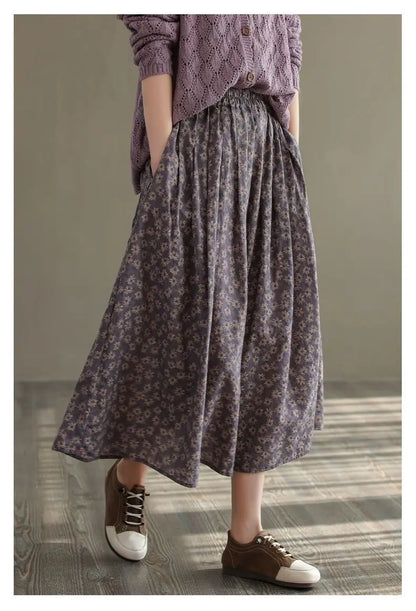 Women Casual Skirts New Arrival 2023 Autumn Vintage Style Floral Print Loose Comfortable Ladies Elegant A-line Long Skirt D536.