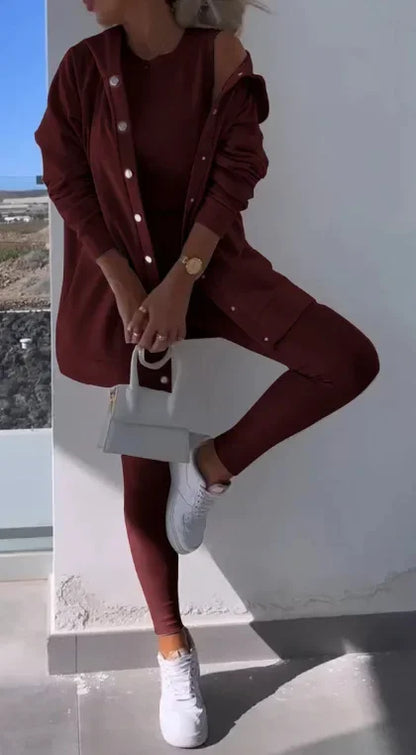 Women 3pcs Clothes Set Solid Color Sports Singel Breasted Shirt Jacket & Sleeveless Cami Tank Top & Slim Skinny Pants.