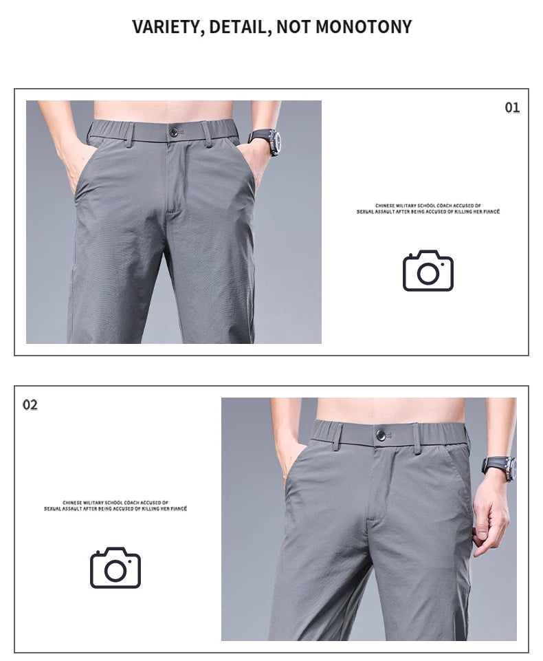 Summer New Business Ice Silk Pants Straight Elastic Waist Black Gray Trousers Breathable Simple Male Clothing Casual Suit Pants.
